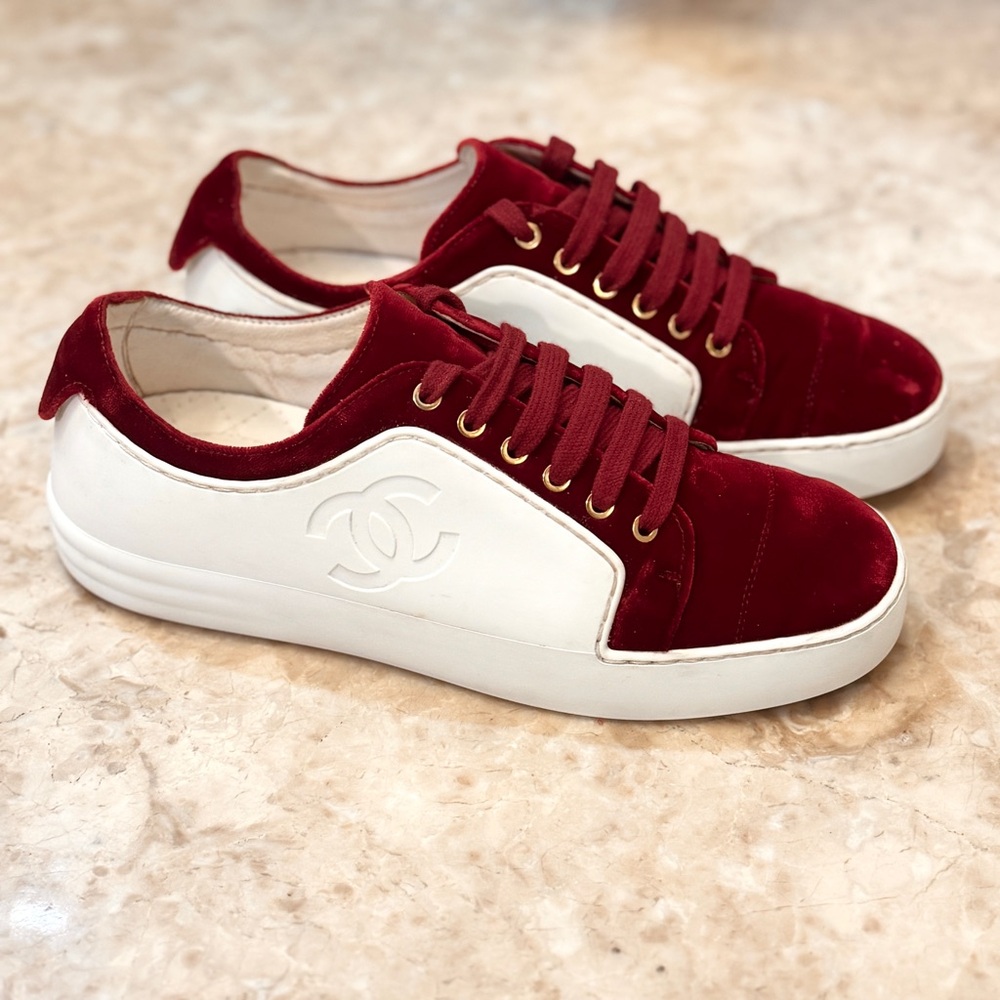 CHANEL Red and White Sneakers